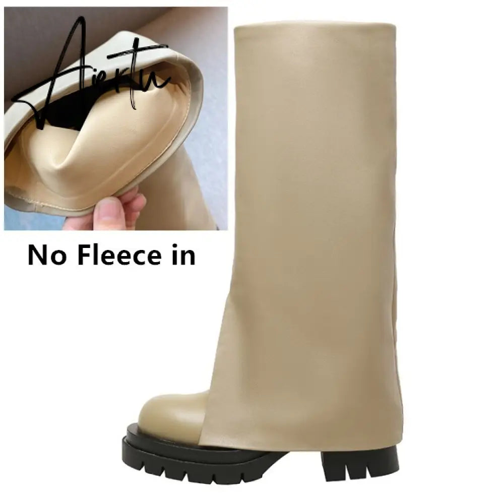 Aiertu Chic Trending Slit Trousers Pattern Kneehigh Boots for Women's Brand Natural Cow Leather Chunky Goth Boots Platform Shoes Ladies Aiertu