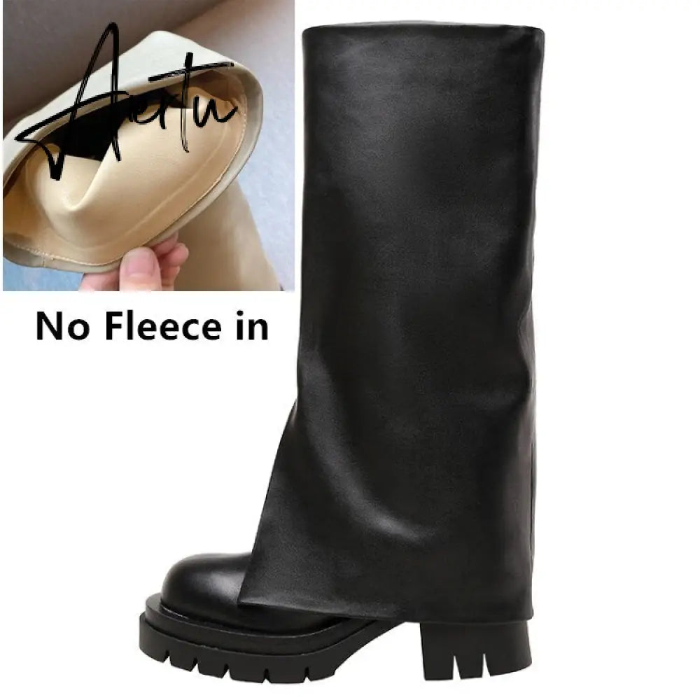 Aiertu Chic Trending Slit Trousers Pattern Kneehigh Boots for Women's Brand Natural Cow Leather Chunky Goth Boots Platform Shoes Ladies Aiertu