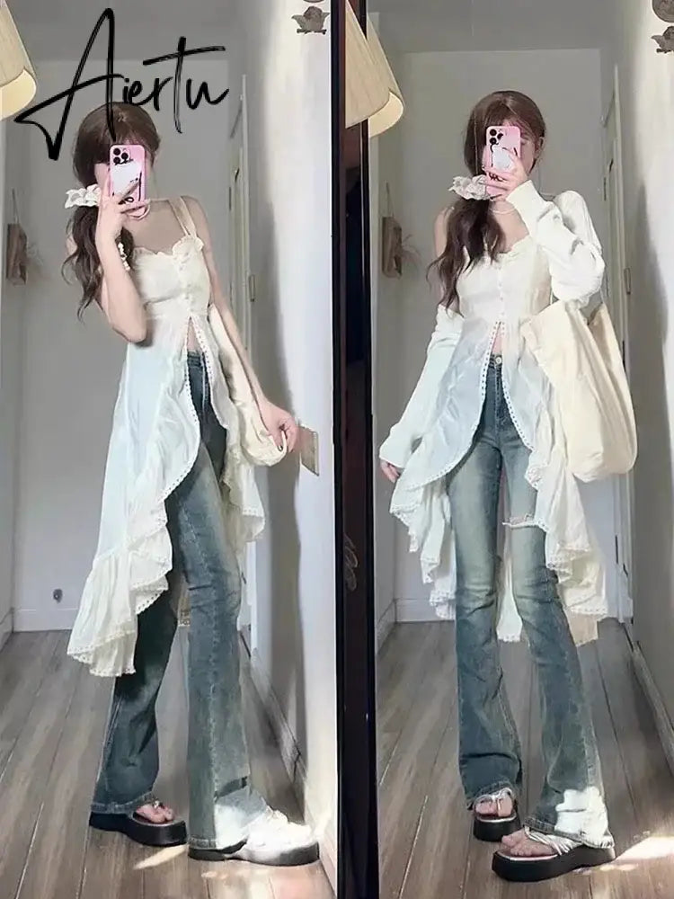 Aiertu Chiffon Fashion Outfits 2 Piece Skirt Set  Sexy Strap Dress + Beige Long Tops Ruched Mori Girl Simple 2024 Summer Korean Fashion Aiertu