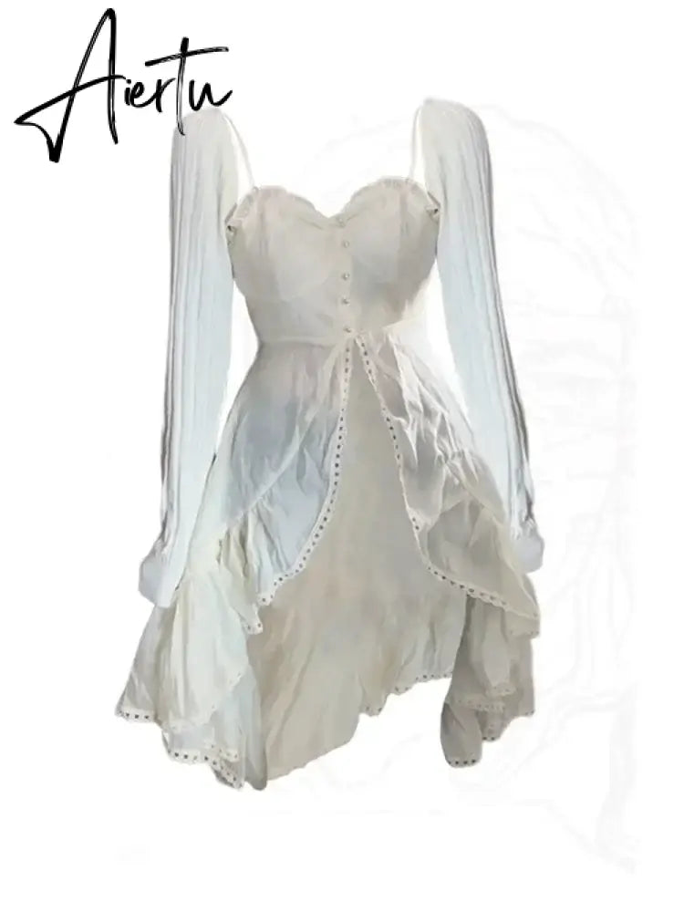 Aiertu Chiffon Fashion Outfits 2 Piece Skirt Set  Sexy Strap Dress + Beige Long Tops Ruched Mori Girl Simple 2024 Summer Korean Fashion Aiertu