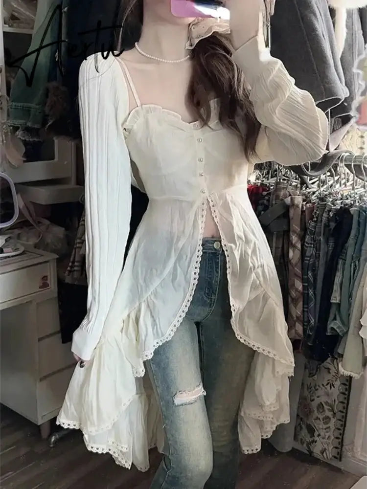 Aiertu Chiffon Fashion Outfits 2 Piece Skirt Set  Sexy Strap Dress + Beige Long Tops Ruched Mori Girl Simple 2024 Summer Korean Fashion Aiertu