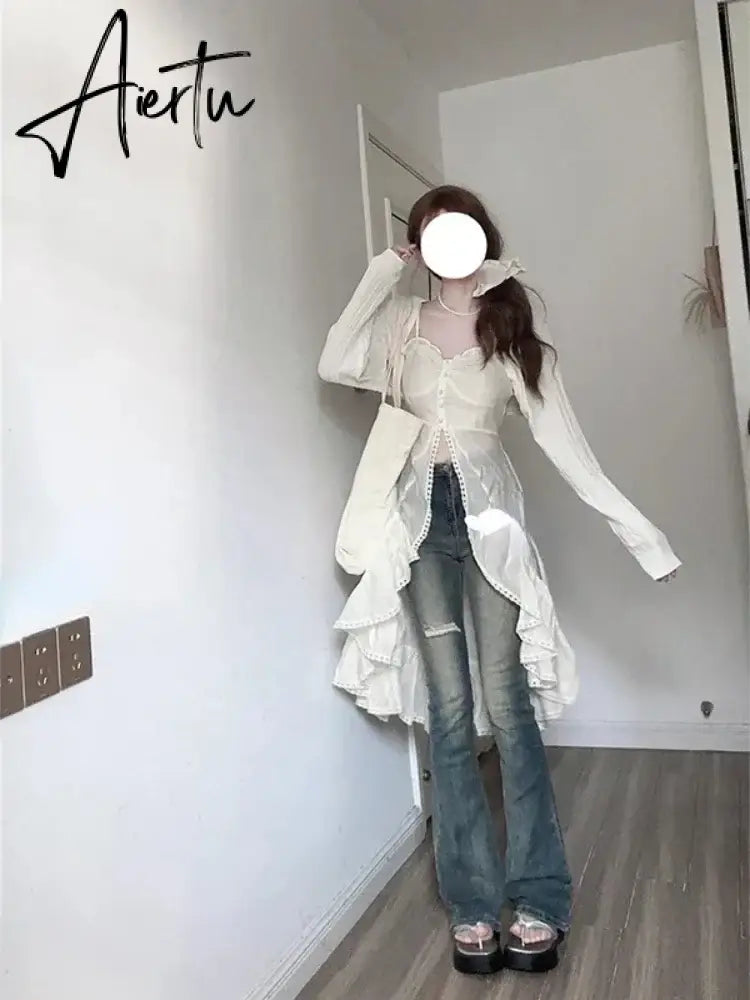 Aiertu Chiffon Fashion Outfits 2 Piece Skirt Set  Sexy Strap Dress + Beige Long Tops Ruched Mori Girl Simple 2024 Summer Korean Fashion Aiertu