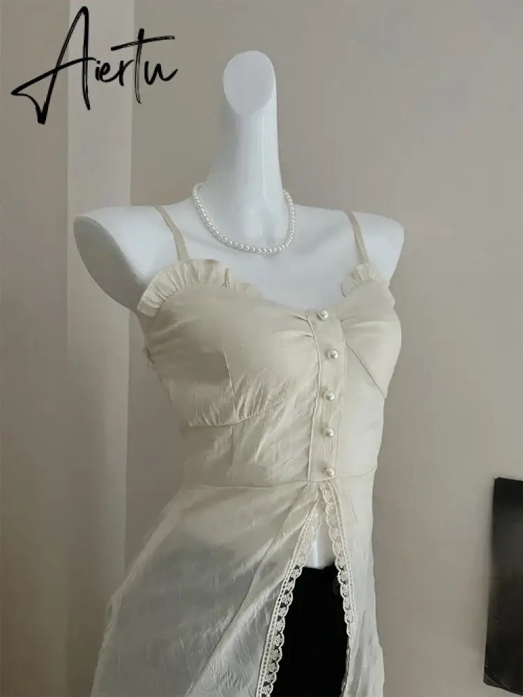 Aiertu Chiffon Fashion Outfits 2 Piece Skirt Set  Sexy Strap Dress + Beige Long Tops Ruched Mori Girl Simple 2024 Summer Korean Fashion Aiertu
