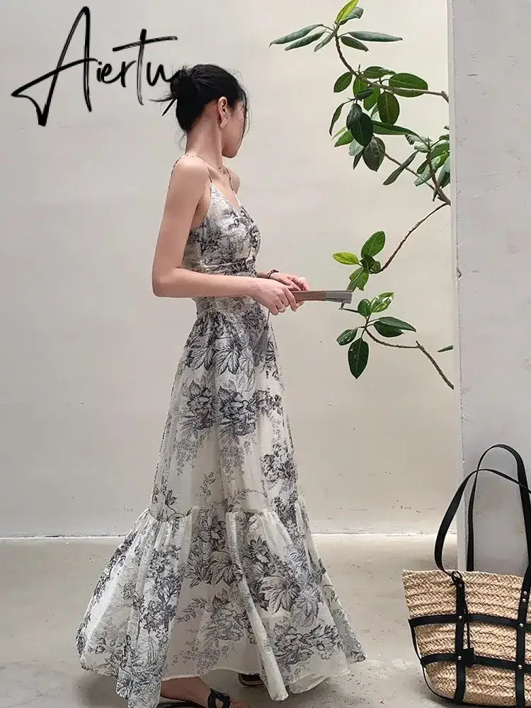 Aiertu Chinese Style Sleeveless Camisole Dress For Women With Summer Design Sense, Ink Painting Waistband Slim Fit Long Skirt Aiertu