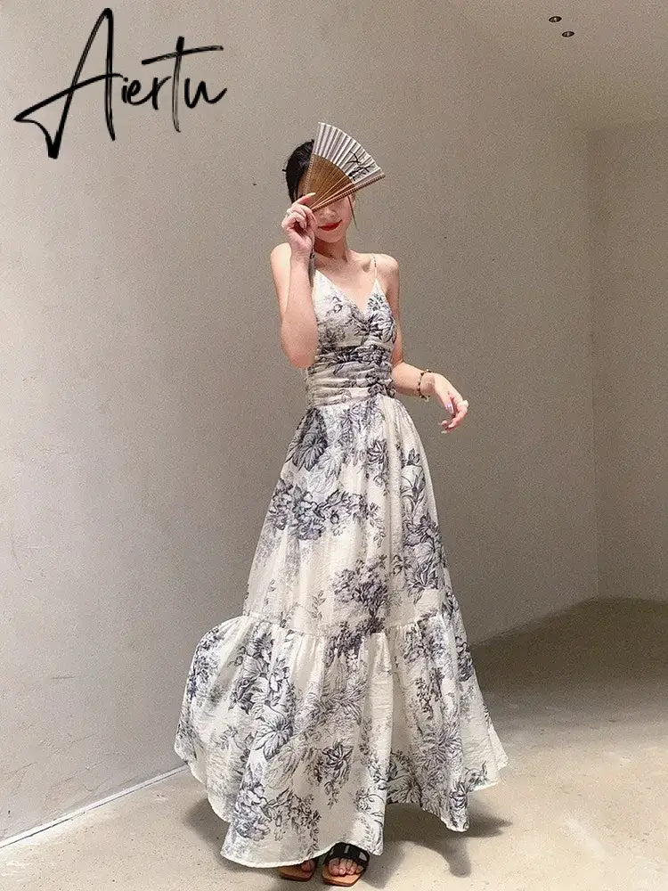 Aiertu Chinese Style Sleeveless Camisole Dress For Women With Summer Design Sense, Ink Painting Waistband Slim Fit Long Skirt Aiertu
