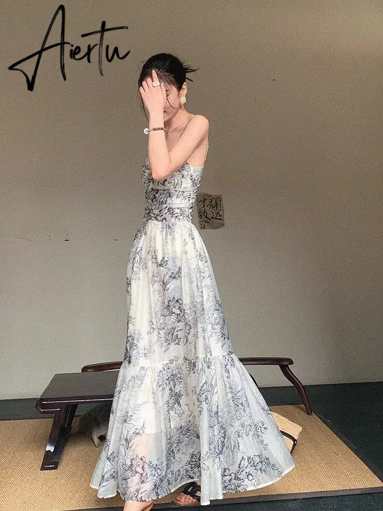 Aiertu Chinese Style Sleeveless Camisole Dress For Women With Summer Design Sense, Ink Painting Waistband Slim Fit Long Skirt Aiertu