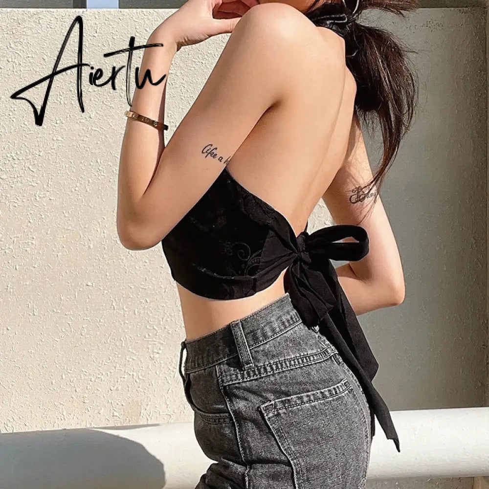 Aiertu Chinese Style Vintage Floral Halter Top Sexy Slim Backless Tie Back Sleeveless Crop Tops Women  Tank Top Aiertu