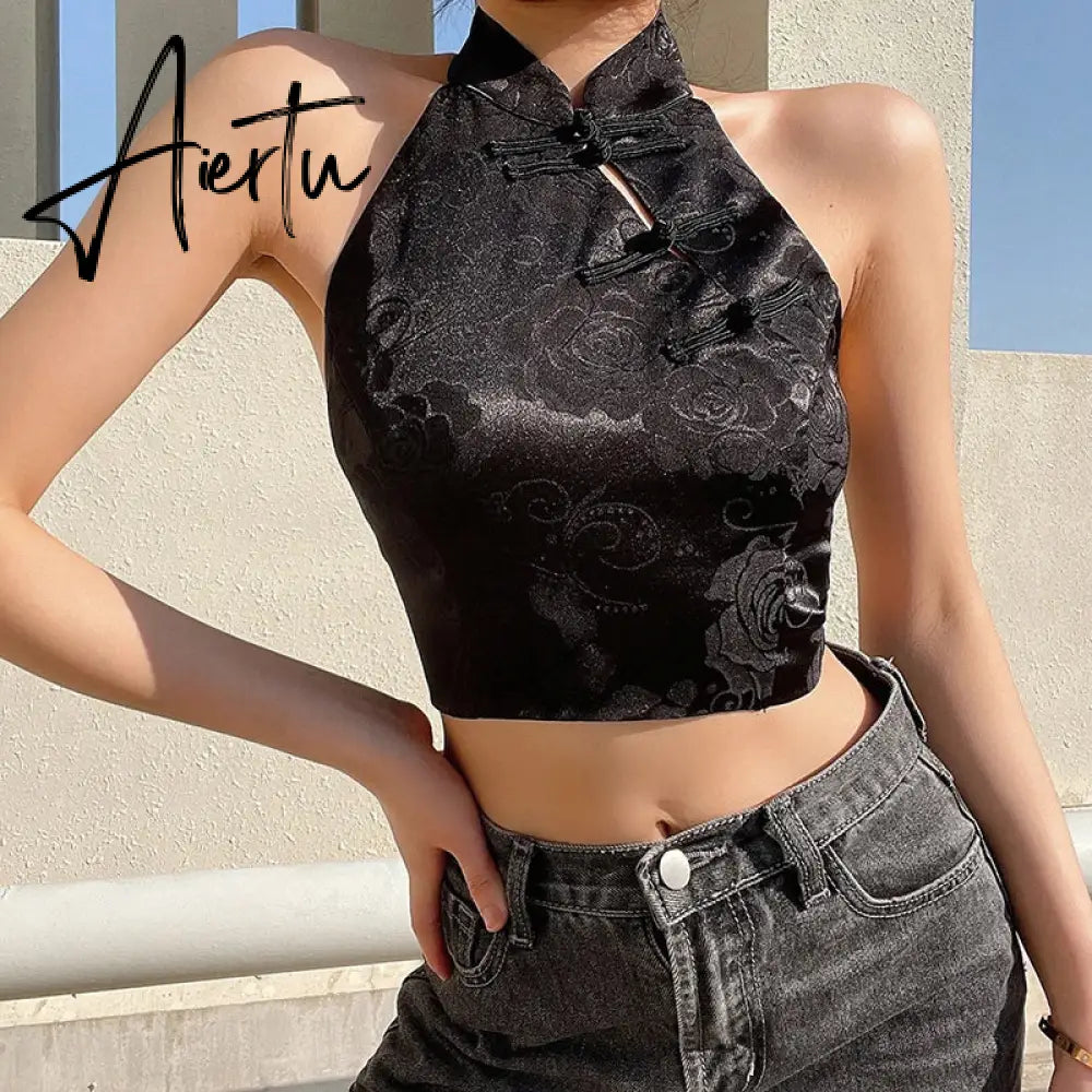 Aiertu Chinese Style Vintage Floral Halter Top Sexy Slim Backless Tie Back Sleeveless Crop Tops Women  Tank Top Aiertu