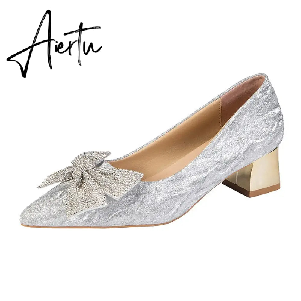 Aiertu Chunky Crystal Women Shoes Summer Sandals  New Designer High Heels Bling Wedding Shoes Brand Bow Sexy Dress Pumps Zapatos Aiertu