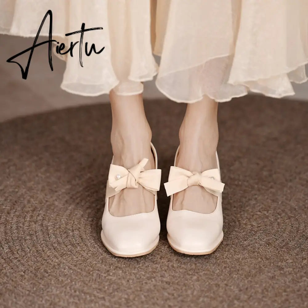 Aiertu Chunky Sweet Women Shoes Spring High Heels Bow Woman Shoes Luxury Brand Shallow Pumps Party Lady Shoes Dress Mujer Zapatos Aiertu