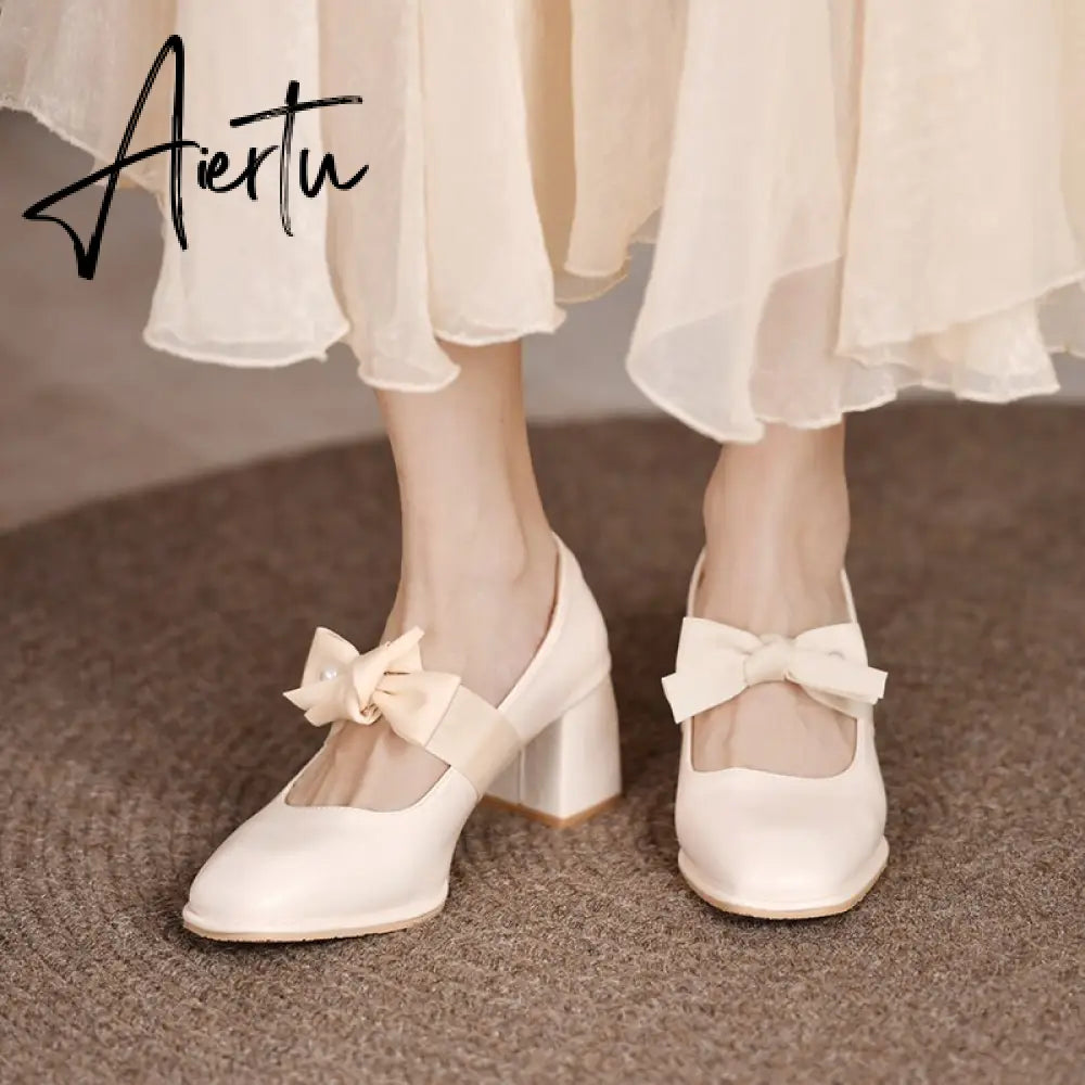 Aiertu Chunky Sweet Women Shoes Spring High Heels Bow Woman Shoes Luxury Brand Shallow Pumps Party Lady Shoes Dress Mujer Zapatos Aiertu