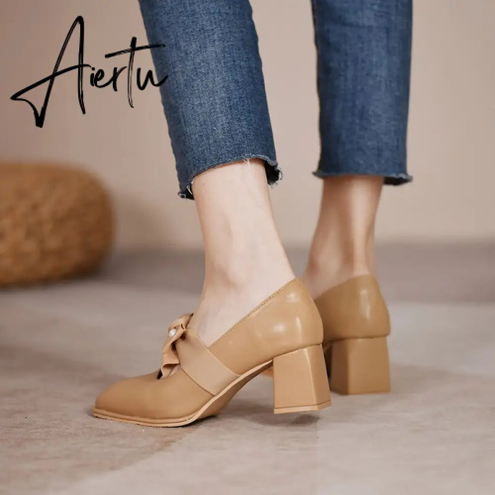 Aiertu Chunky Sweet Women Shoes Spring High Heels Bow Woman Shoes Luxury Brand Shallow Pumps Party Lady Shoes Dress Mujer Zapatos Aiertu