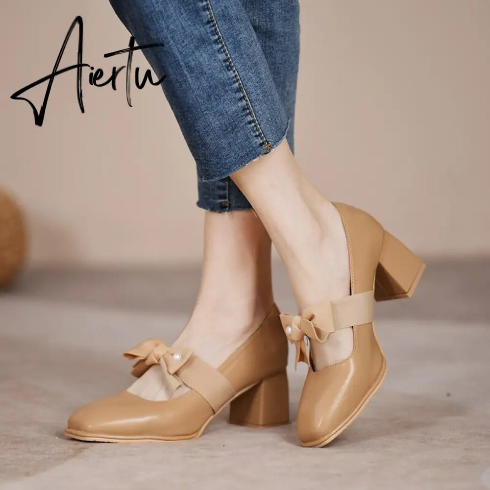 Aiertu Chunky Sweet Women Shoes Spring High Heels Bow Woman Shoes Luxury Brand Shallow Pumps Party Lady Shoes Dress Mujer Zapatos Aiertu