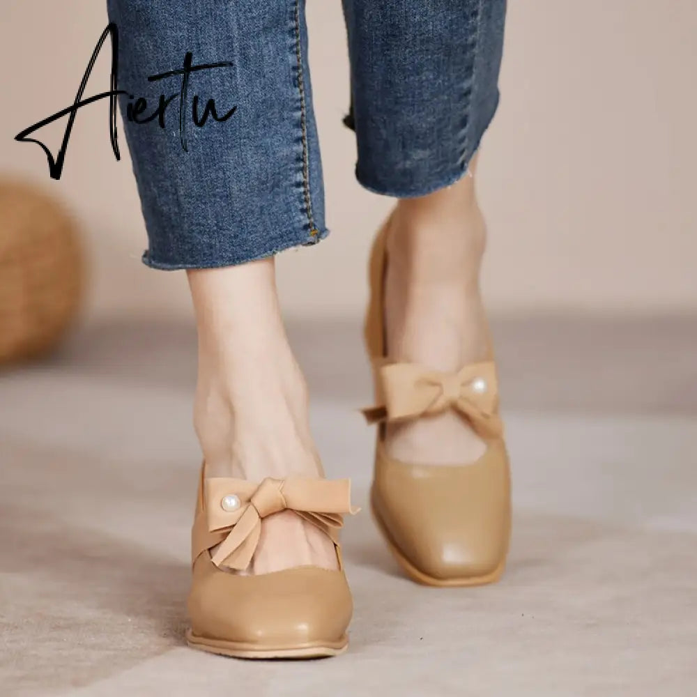 Aiertu Chunky Sweet Women Shoes Spring High Heels Bow Woman Shoes Luxury Brand Shallow Pumps Party Lady Shoes Dress Mujer Zapatos Aiertu