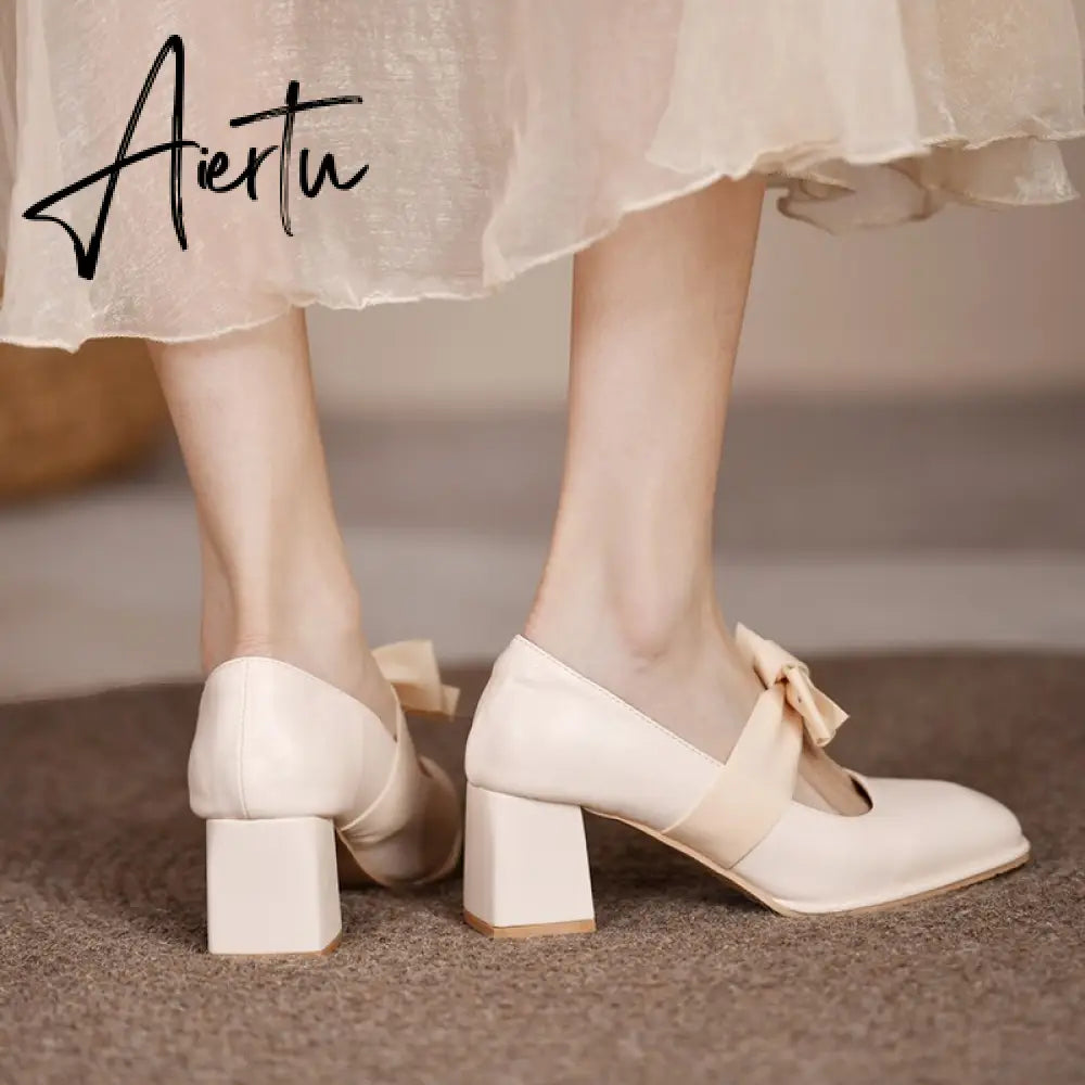 Aiertu Chunky Sweet Women Shoes Spring High Heels Bow Woman Shoes Luxury Brand Shallow Pumps Party Lady Shoes Dress Mujer Zapatos Aiertu