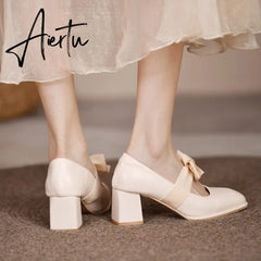 Aiertu Chunky Sweet Women Shoes Spring High Heels Bow Woman Shoes Luxury Brand Shallow Pumps Party Lady Shoes Dress Mujer Zapatos Aiertu