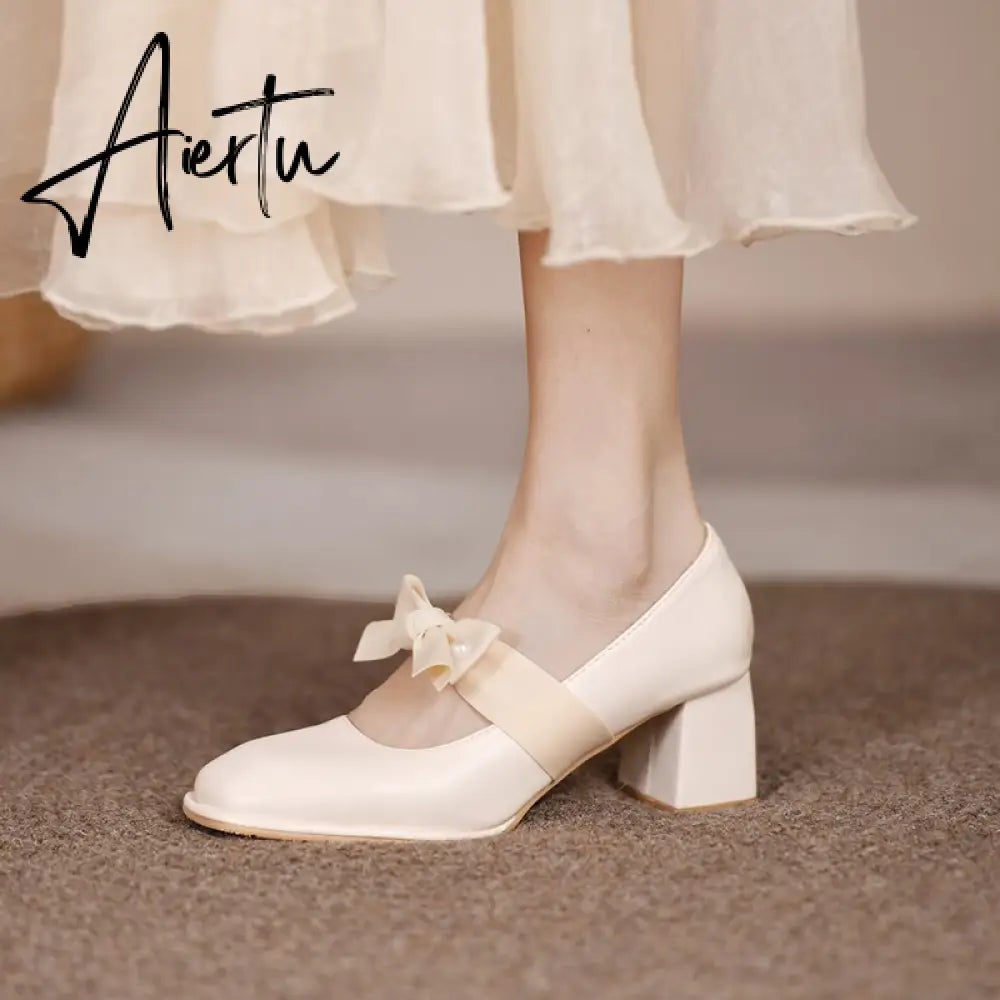 Aiertu Chunky Sweet Women Shoes Spring High Heels Bow Woman Shoes Luxury Brand Shallow Pumps Party Lady Shoes Dress Mujer Zapatos Aiertu
