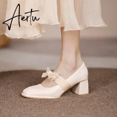 Aiertu Chunky Sweet Women Shoes Spring High Heels Bow Woman Shoes Luxury Brand Shallow Pumps Party Lady Shoes Dress Mujer Zapatos Aiertu