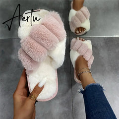 Aiertu Classic Design Women Winter House Furry Slippers Fluffy Faux Fur Home Slides Flat Fashion Indoor Floor Shoes Ladies Flip Flops Aiertu