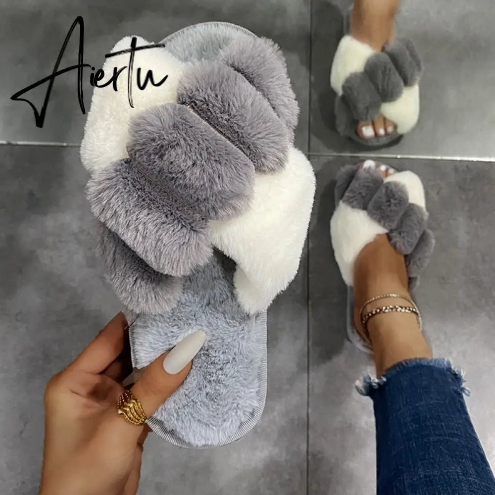 Aiertu Classic Design Women Winter House Furry Slippers Fluffy Faux Fur Home Slides Flat Fashion Indoor Floor Shoes Ladies Flip Flops Aiertu