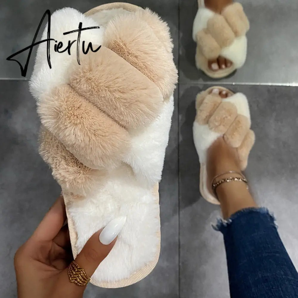 Aiertu Classic Design Women Winter House Furry Slippers Fluffy Faux Fur Home Slides Flat Fashion Indoor Floor Shoes Ladies Flip Flops Aiertu