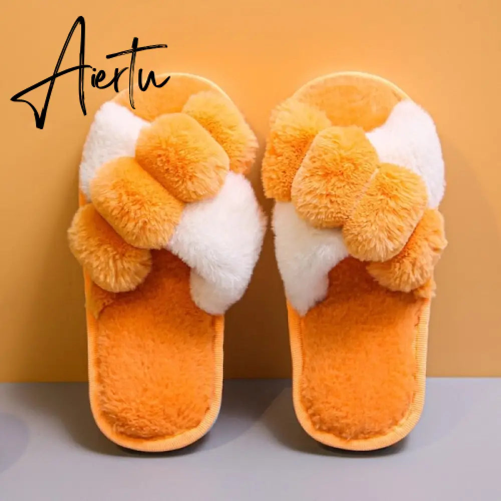 Aiertu Classic Design Women Winter House Furry Slippers Fluffy Faux Fur Home Slides Flat Fashion Indoor Floor Shoes Ladies Flip Flops Aiertu