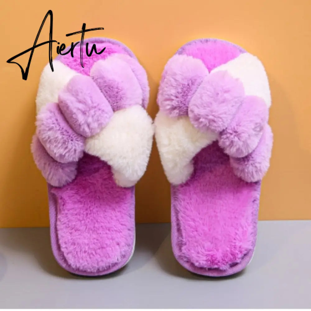 Aiertu Classic Design Women Winter House Furry Slippers Fluffy Faux Fur Home Slides Flat Fashion Indoor Floor Shoes Ladies Flip Flops Aiertu
