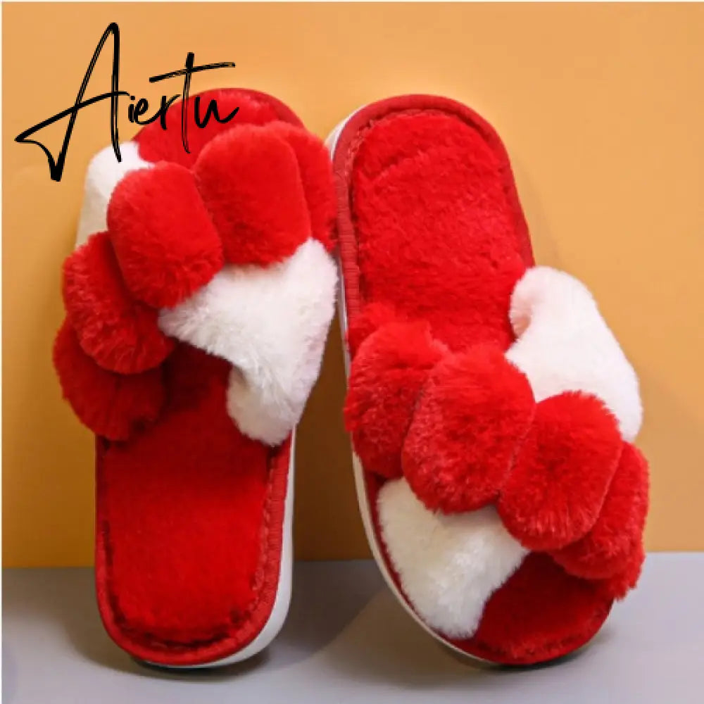 Aiertu Classic Design Women Winter House Furry Slippers Fluffy Faux Fur Home Slides Flat Fashion Indoor Floor Shoes Ladies Flip Flops Aiertu