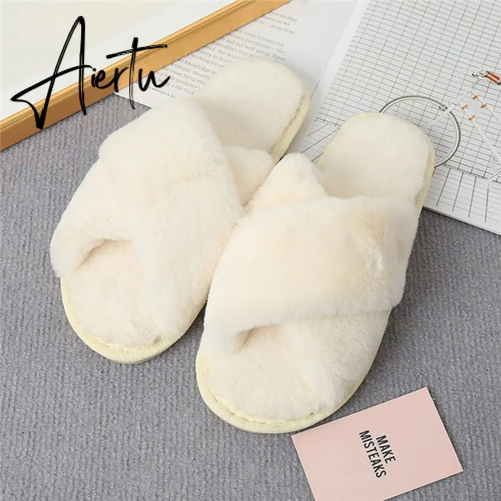 Aiertu Classic Design Women Winter House Furry Slippers Fluffy Faux Fur Home Slides Flat Fashion Indoor Floor Shoes Ladies Flip Flops Aiertu