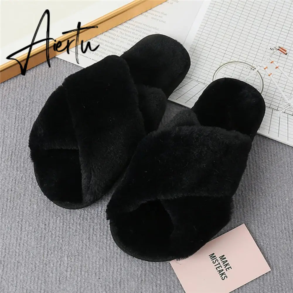 Aiertu Classic Design Women Winter House Furry Slippers Fluffy Faux Fur Home Slides Flat Fashion Indoor Floor Shoes Ladies Flip Flops Aiertu