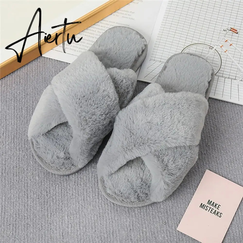 Aiertu Classic Design Women Winter House Furry Slippers Fluffy Faux Fur Home Slides Flat Fashion Indoor Floor Shoes Ladies Flip Flops Aiertu