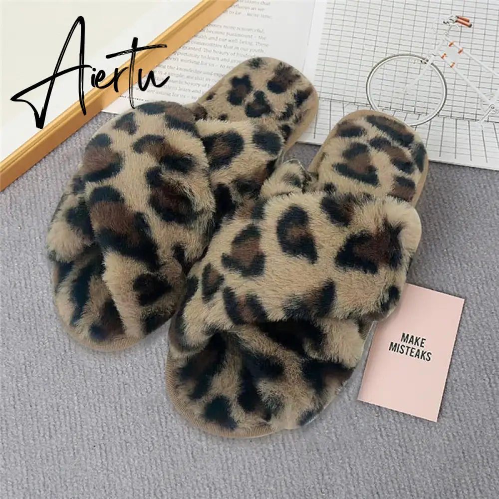 Aiertu Classic Design Women Winter House Furry Slippers Fluffy Faux Fur Home Slides Flat Fashion Indoor Floor Shoes Ladies Flip Flops Aiertu