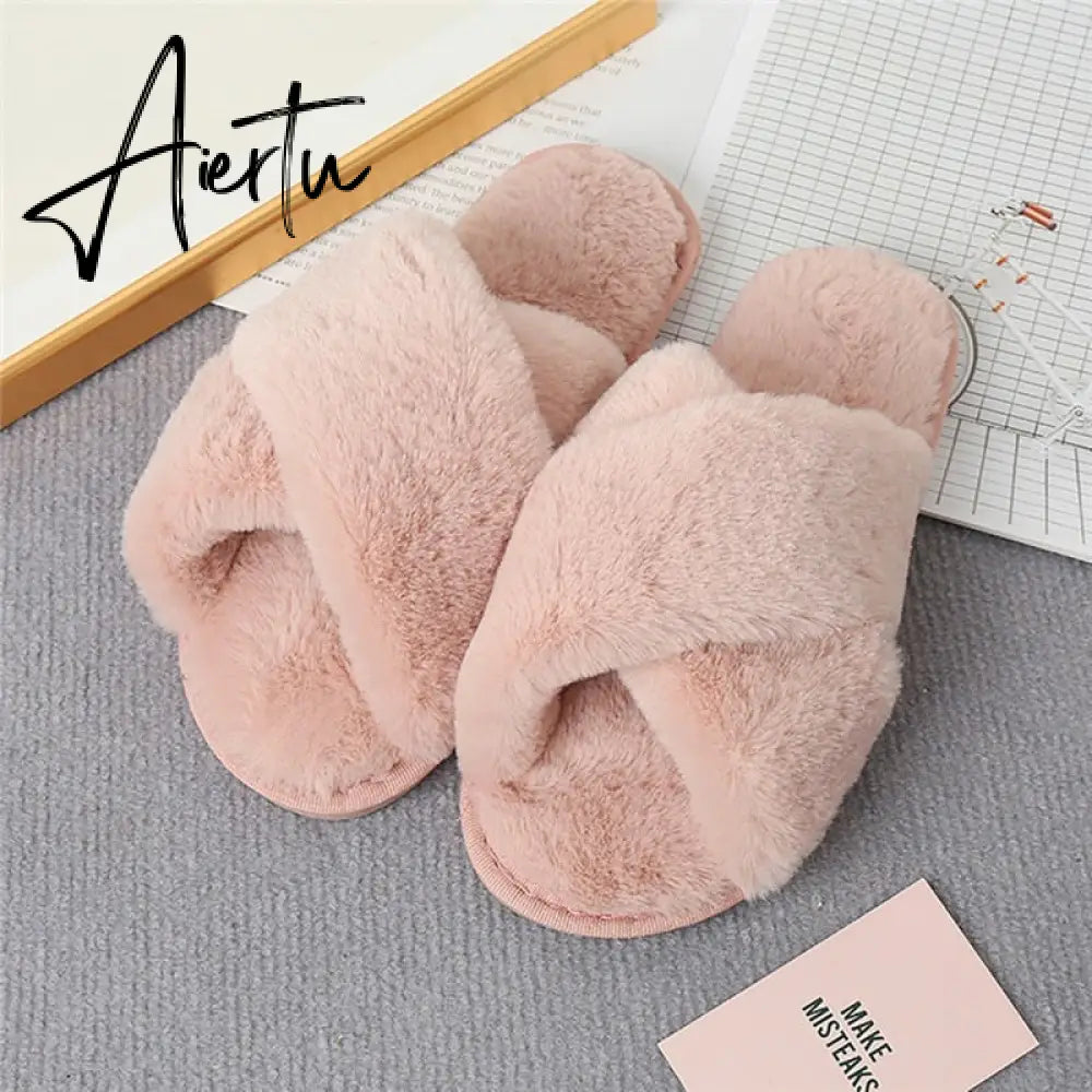 Aiertu Classic Design Women Winter House Furry Slippers Fluffy Faux Fur Home Slides Flat Fashion Indoor Floor Shoes Ladies Flip Flops Aiertu