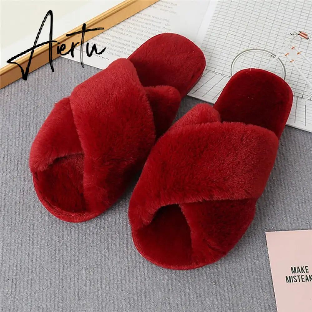 Aiertu Classic Design Women Winter House Furry Slippers Fluffy Faux Fur Home Slides Flat Fashion Indoor Floor Shoes Ladies Flip Flops Aiertu