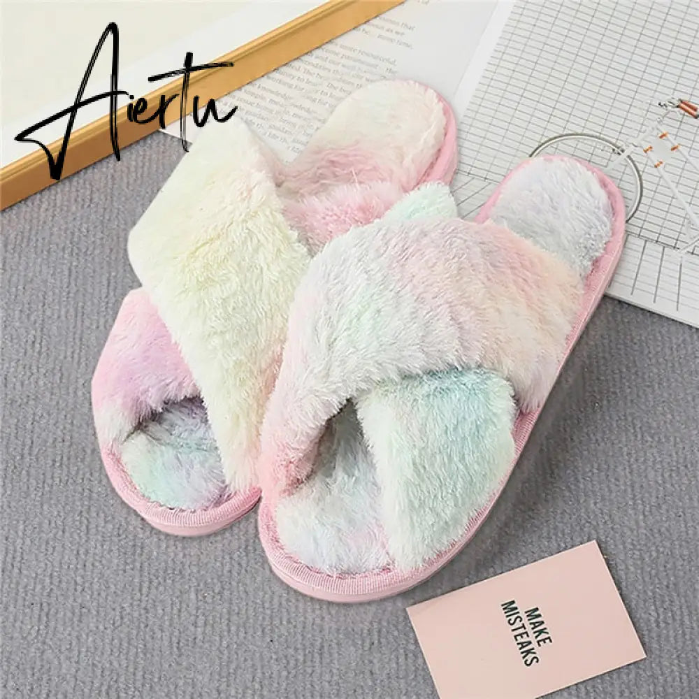 Aiertu Classic Design Women Winter House Furry Slippers Fluffy Faux Fur Home Slides Flat Fashion Indoor Floor Shoes Ladies Flip Flops Aiertu