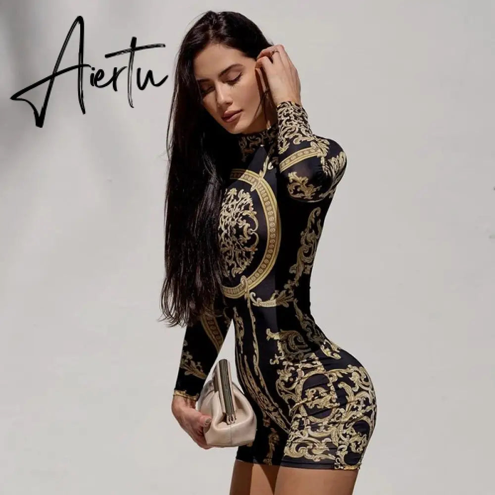 Aiertu  Classical Print O Neck Long Sleeve Playsuit New Year Sexy Slim Sports Elegant Casual Streetwear Concise Y2K Aiertu