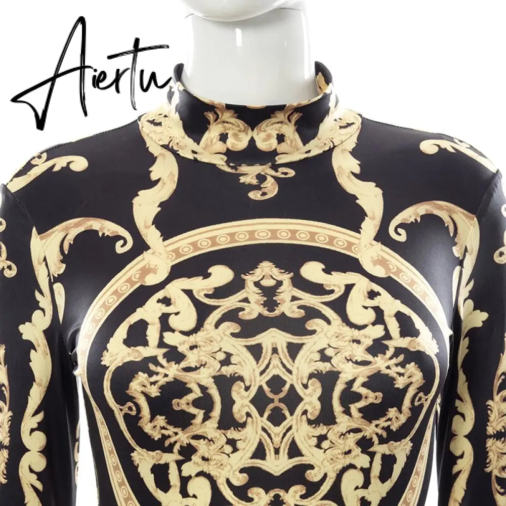 Aiertu  Classical Print O Neck Long Sleeve Playsuit New Year Sexy Slim Sports Elegant Casual Streetwear Concise Y2K Aiertu