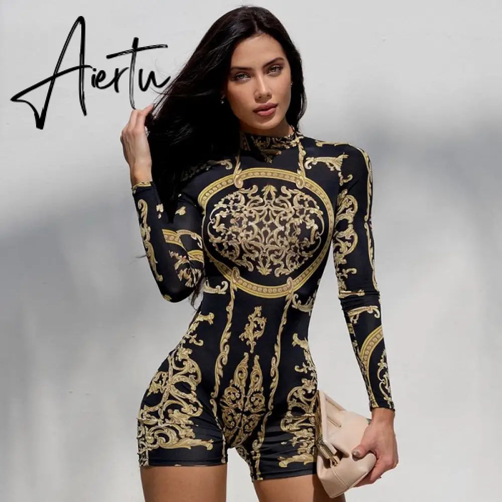 Aiertu  Classical Print O Neck Long Sleeve Playsuit New Year Sexy Slim Sports Elegant Casual Streetwear Concise Y2K Aiertu