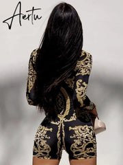 Aiertu  Classical Print O Neck Long Sleeve Playsuit New Year Sexy Slim Sports Elegant Casual Streetwear Concise Y2K Aiertu
