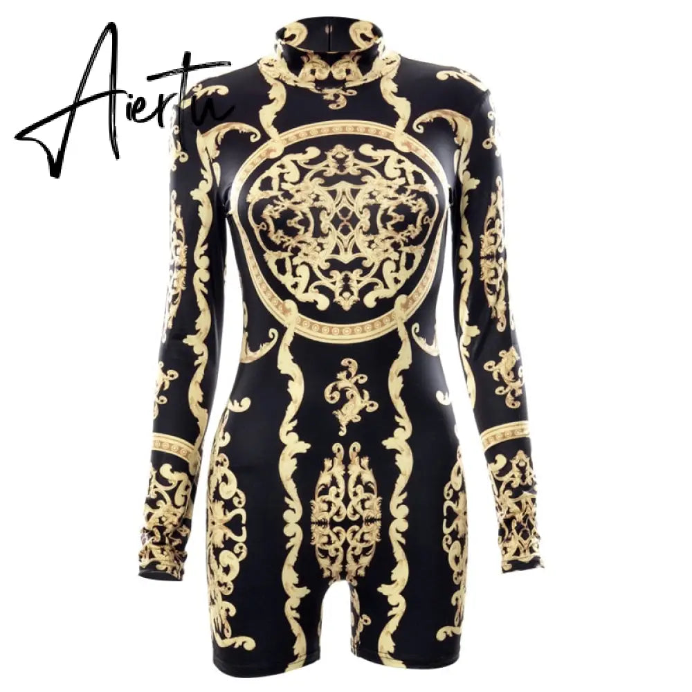 Aiertu  Classical Print O Neck Long Sleeve Playsuit New Year Sexy Slim Sports Elegant Casual Streetwear Concise Y2K Aiertu
