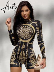 Aiertu  Classical Print O Neck Long Sleeve Playsuit New Year Sexy Slim Sports Elegant Casual Streetwear Concise Y2K Aiertu