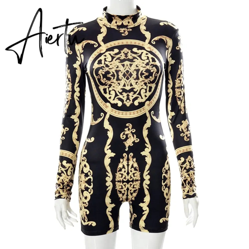 Aiertu  Classical Print O Neck Long Sleeve Playsuit New Year Sexy Slim Sports Elegant Casual Streetwear Concise Y2K Aiertu