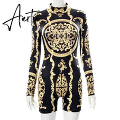 Aiertu  Classical Print O Neck Long Sleeve Playsuit New Year Sexy Slim Sports Elegant Casual Streetwear Concise Y2K Aiertu