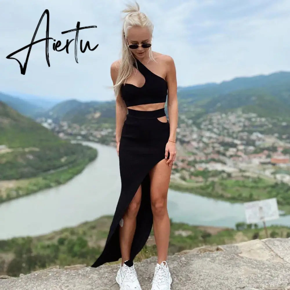 Aiertu Clubwear Sexy Slim Dress Set Women Holiday Basic Solid 2 Piece Sets Sleeveless Crop Tops High Waist Split Maxi Skirts Aiertu