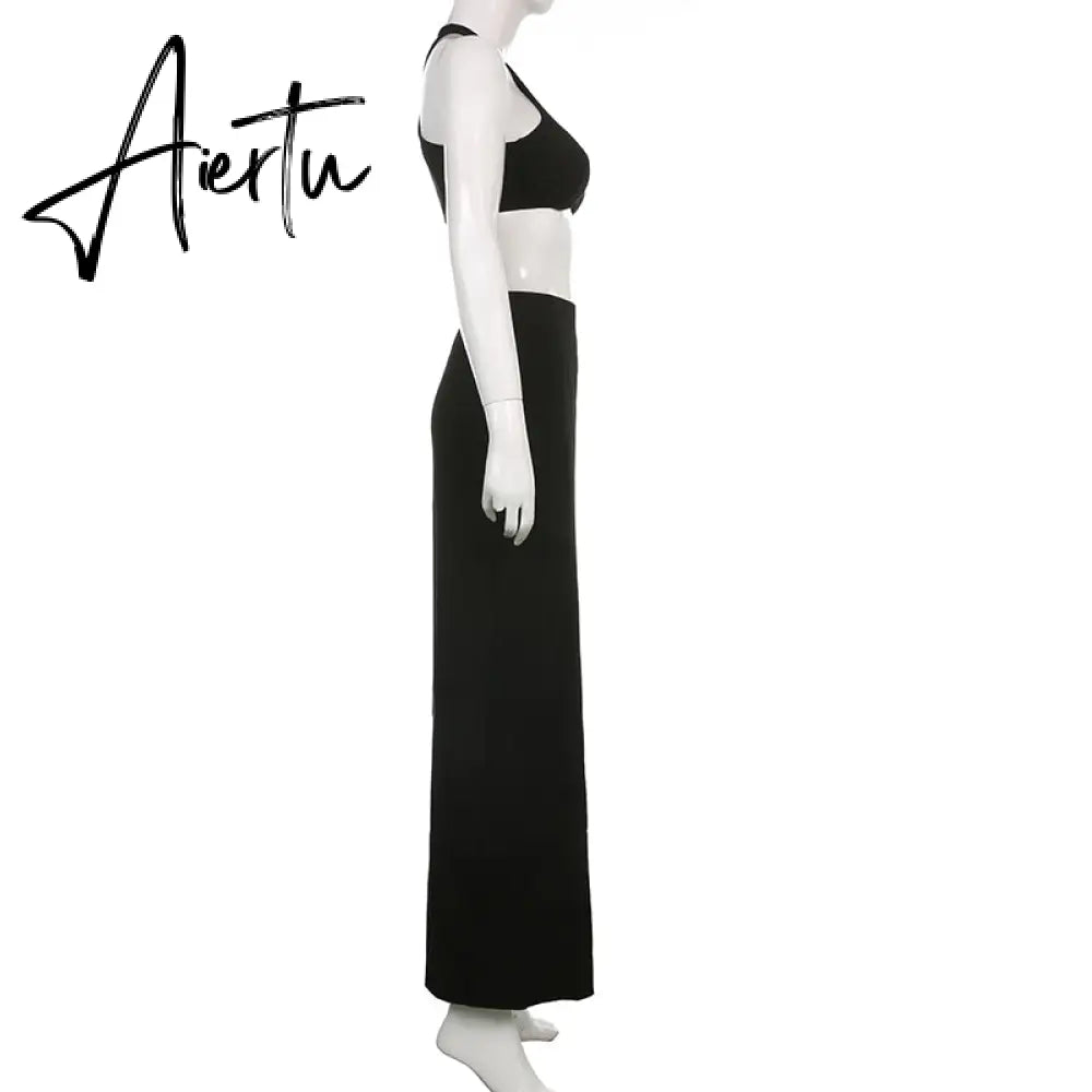 Aiertu Clubwear Sexy Slim Dress Set Women Holiday Basic Solid 2 Piece Sets Sleeveless Crop Tops High Waist Split Maxi Skirts Aiertu