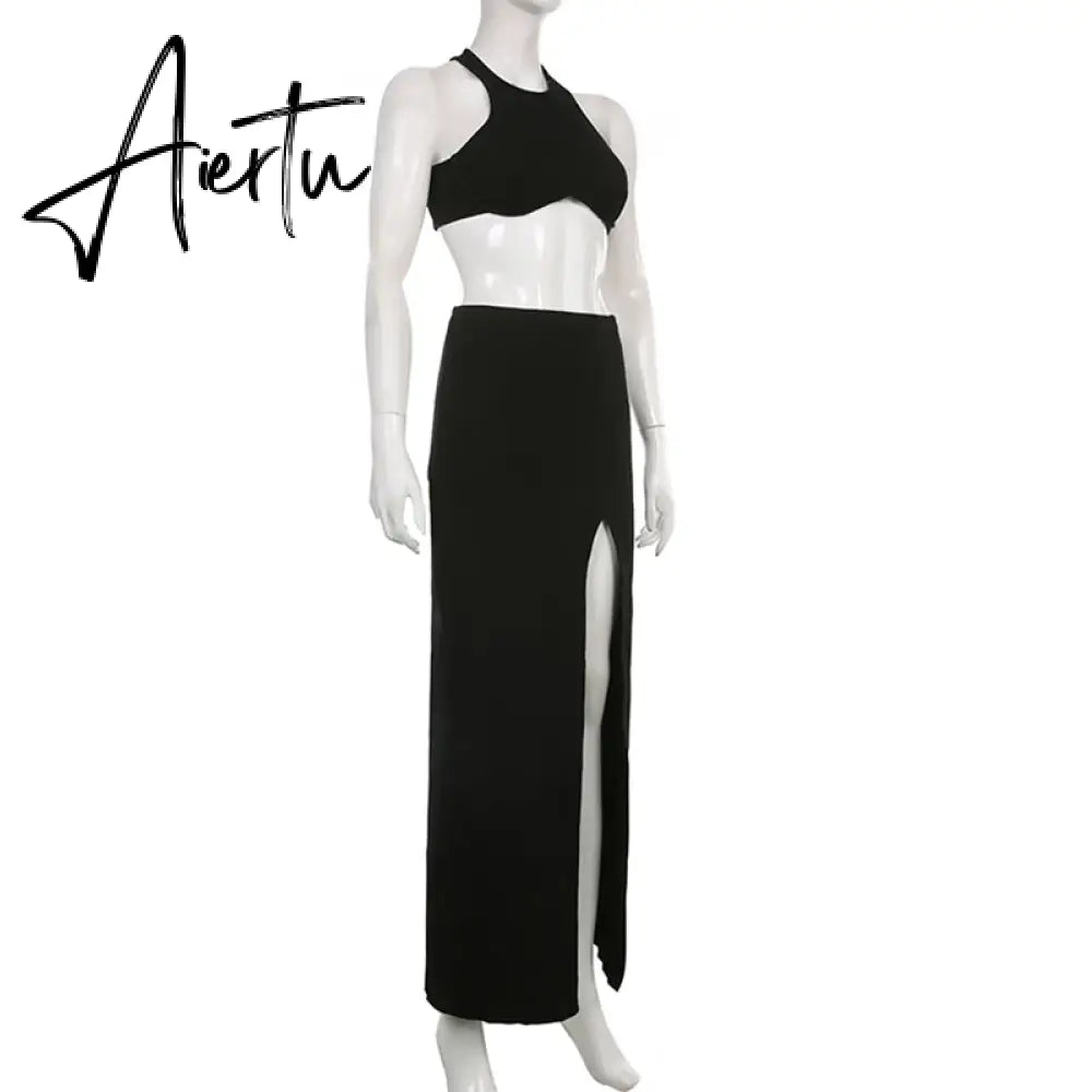 Aiertu Clubwear Sexy Slim Dress Set Women Holiday Basic Solid 2 Piece Sets Sleeveless Crop Tops High Waist Split Maxi Skirts Aiertu