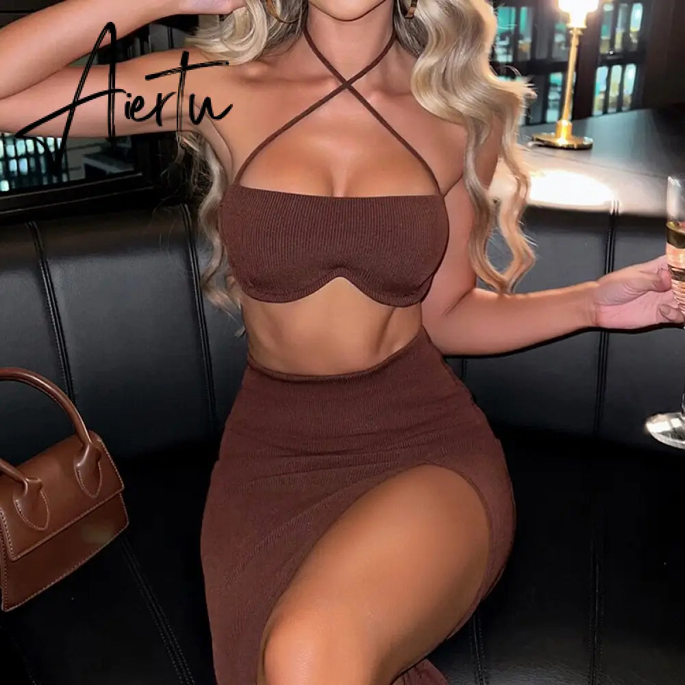 Aiertu Clubwear Sexy Slim Dress Set Women Holiday Basic Solid 2 Piece Sets Sleeveless Crop Tops High Waist Split Maxi Skirts Aiertu