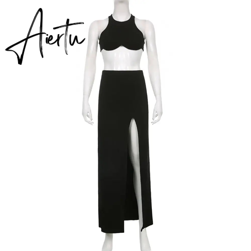 Aiertu Clubwear Sexy Slim Dress Set Women Holiday Basic Solid 2 Piece Sets Sleeveless Crop Tops High Waist Split Maxi Skirts Aiertu