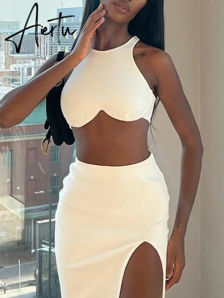 Aiertu Clubwear Sexy Slim Dress Set Women Holiday Basic Solid 2 Piece Sets Sleeveless Crop Tops High Waist Split Maxi Skirts Aiertu