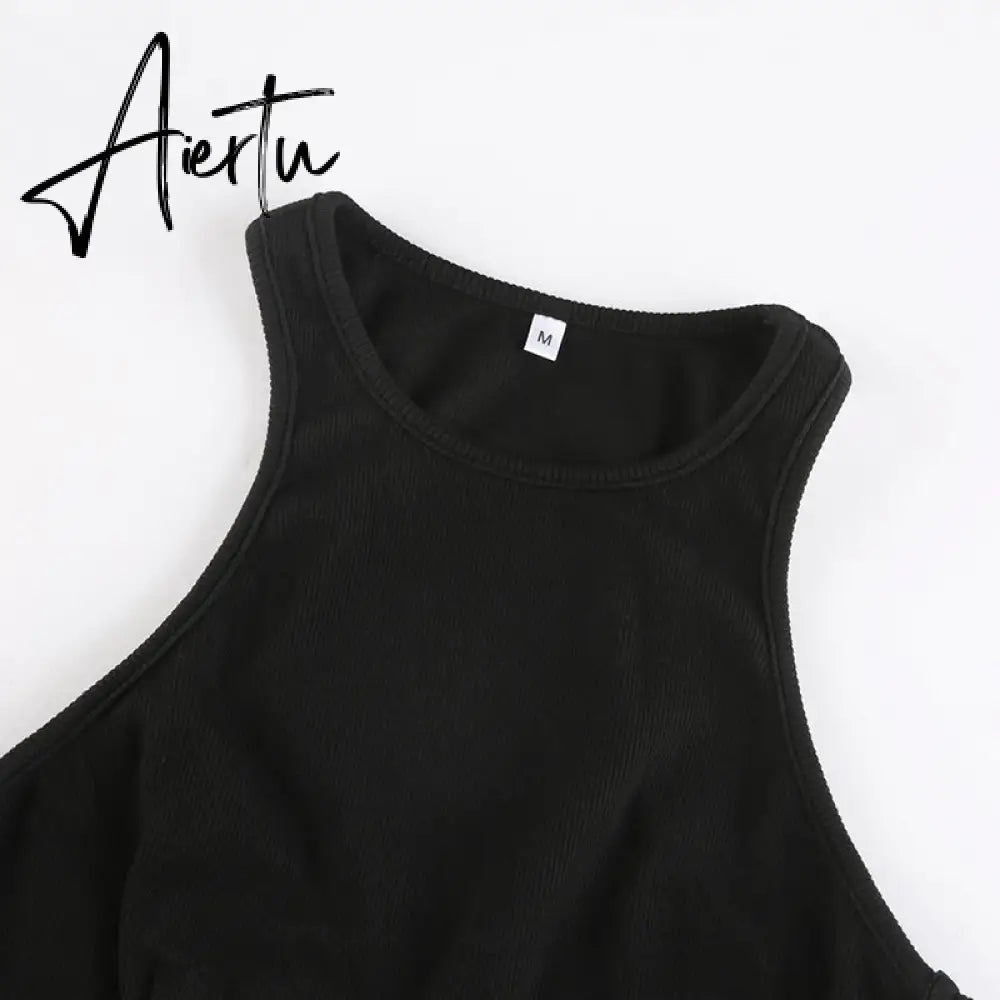 Aiertu Clubwear Sexy Slim Dress Set Women Holiday Basic Solid 2 Piece Sets Sleeveless Crop Tops High Waist Split Maxi Skirts Aiertu